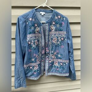 J Jill size M cotton embroidered floral Johnny jacket chambray bohemian western